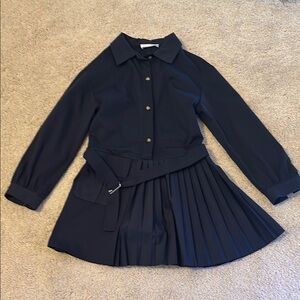 Navy Pleated Dress with Belt